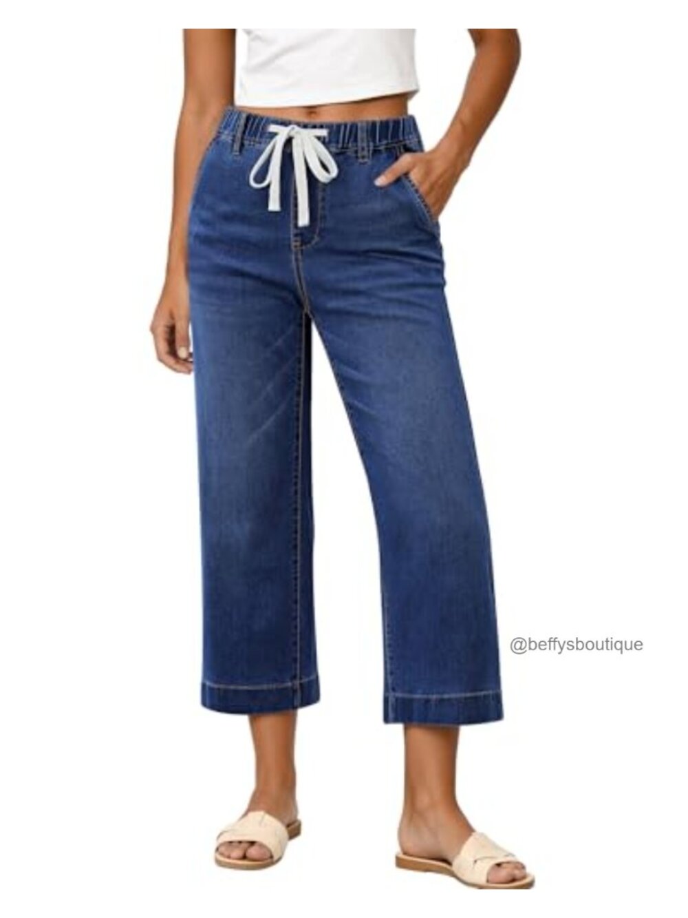 Wide Leg High Waisted Pull On Capri Jeans Stretch Denim Summer Pants